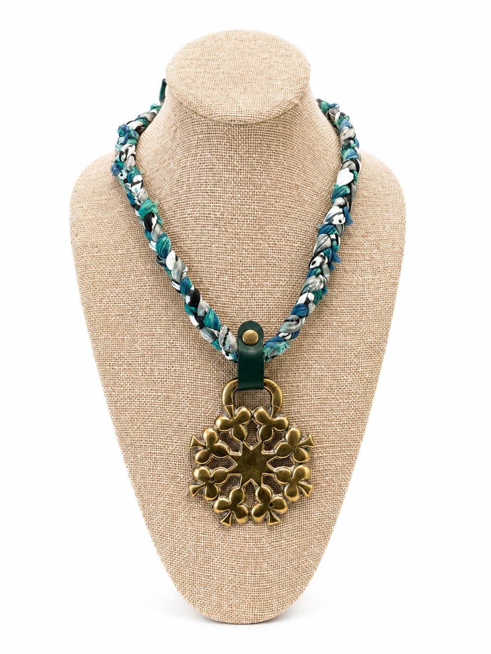 Vintage Brass Horse medallion- ☘️ Necklace braided scarves in greens.
